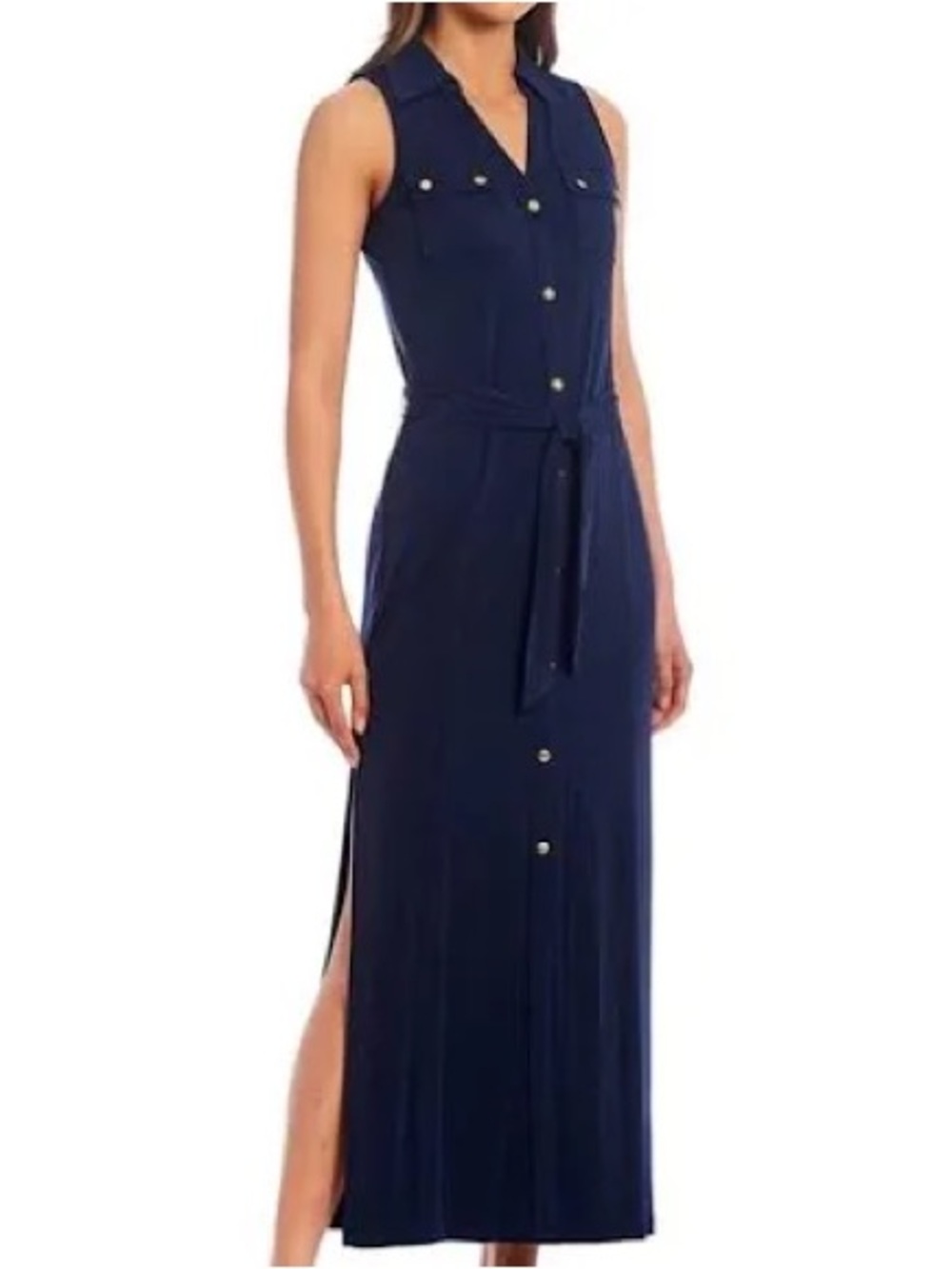 MICHAEL Michael Kors Navy Sleeveless Button-Front Belted Maxi Dress